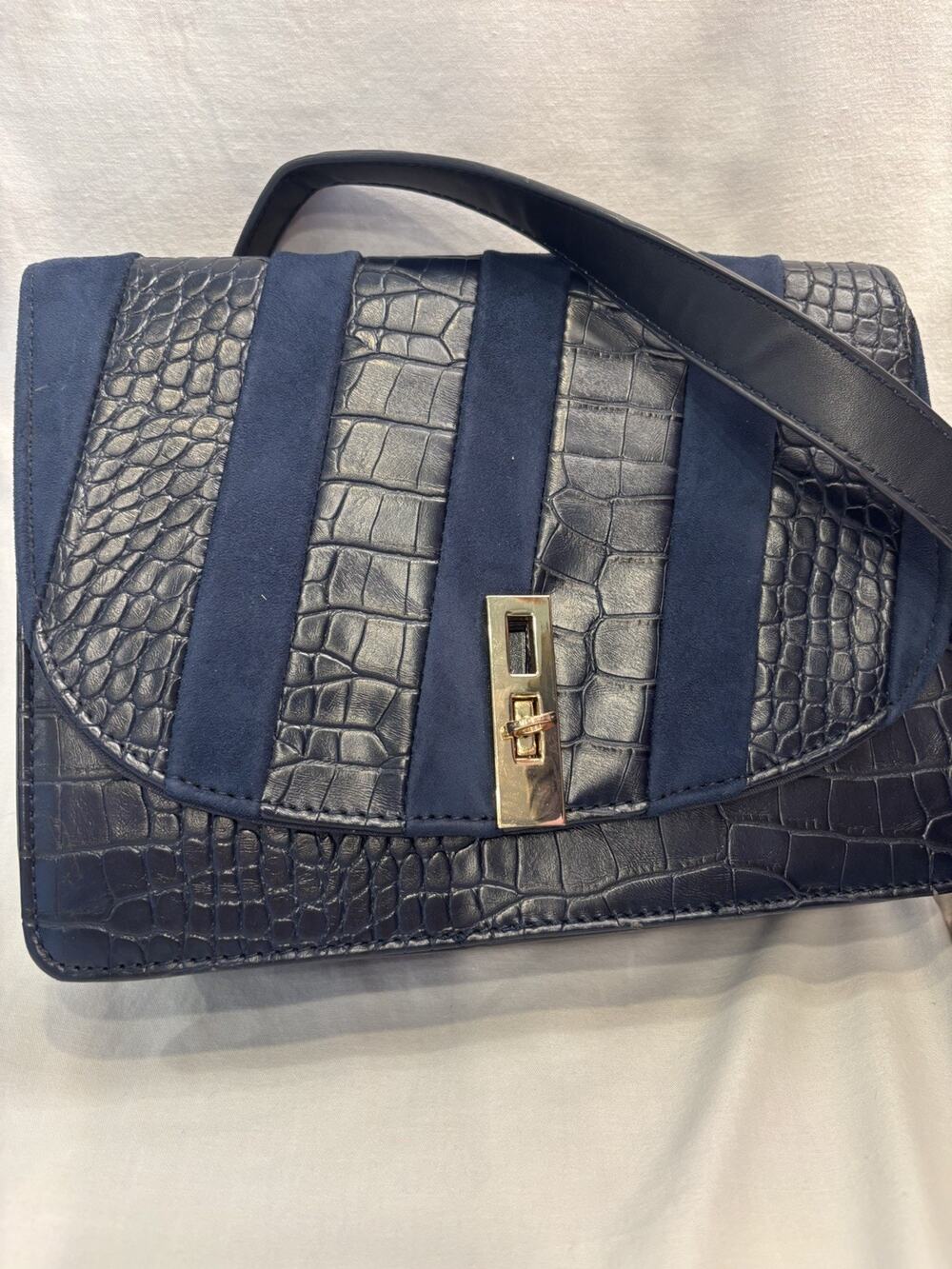 David Jones Paris Navy Blue Leather Shoulder Bag with Stripes Made In France PRC
